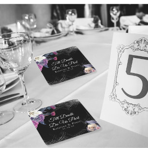 Porta-copo De Papel Quadrado Casamento de Caveira Floral Gótica Roxa Preta Eleg