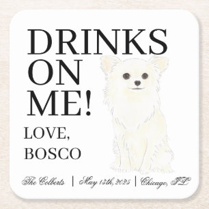 Porta-copo De Papel Quadrado Casamento de Chihuahua de Cabelo Longo Branco