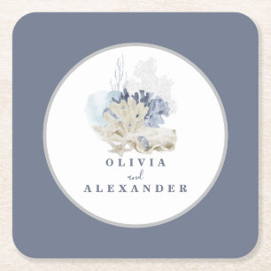 Porta-copo De Papel Quadrado Casamento de concha azul de praia costeira