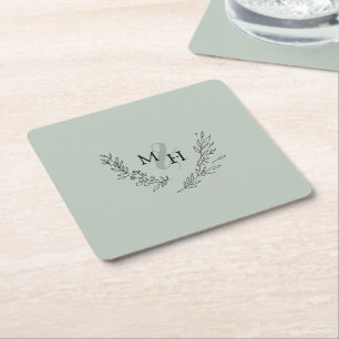 Porta-copo De Papel Quadrado Casamento de Elegante Monograma Wreath Sage