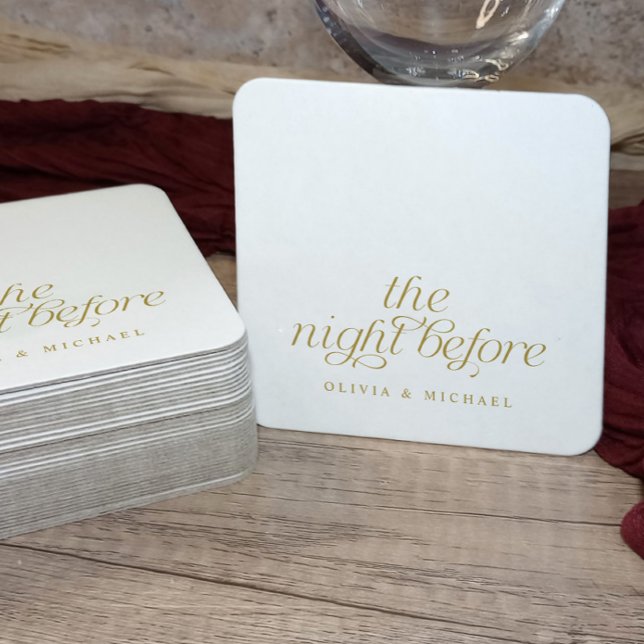 Porta-copo De Papel Quadrado Casamento De Ensaio Elegante Dourado Na Noite Ante (Elegant “the night before” rehearsal dinner coasters with gold script, stacked on rustic wood.)