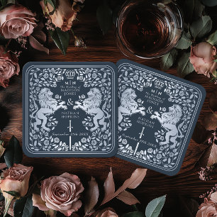 Porta-copo De Papel Quadrado Casamento de Espadas Medieval do Leão Real Azul Si