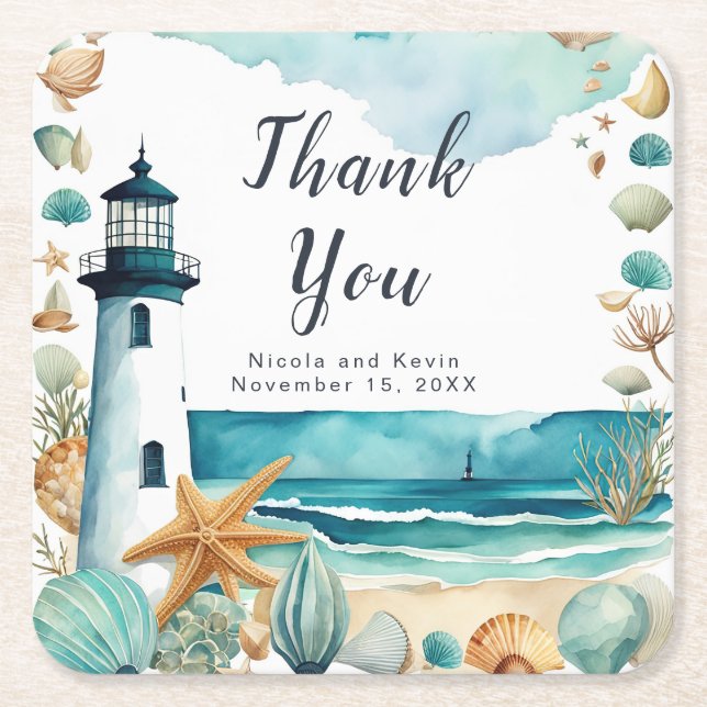 Porta-copo De Papel Quadrado Casamento de Farol Náutico (Frente)