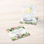 Porta-copo De Papel Quadrado Casamento de Flamingo Floral Tropical Watercolor<br><div class="desc">Portas copos de Casamento Tropical de Verde Tropical com Cor de Água Moderna com Flamingo Rosa.</div>
