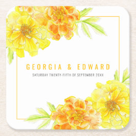 Porta-copo De Papel Quadrado Casamento de flor de cor de água dourada-amarela