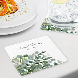 Porta-copo De Papel Quadrado Casamento de Floral de Eucalipto em Aquarela