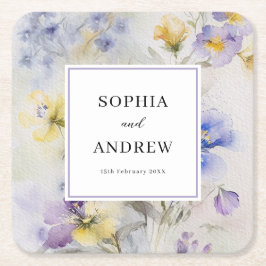 Porta-copo De Papel Quadrado Casamento de Flores Amarelas e Púrpuras de Aquarel