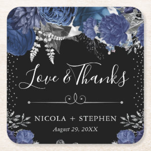 Porta-copo De Papel Quadrado Casamento de Flores Azul e Prata em Aquarela