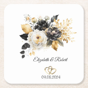 Porta-copo De Papel Quadrado Casamento de Flores Brancas Pretas Douradas