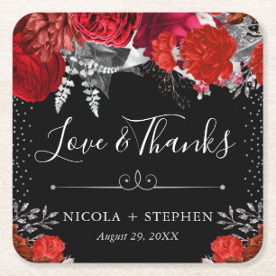 Porta-copo De Papel Quadrado Casamento de Flores de Aquarela Vermelhas e Pratea