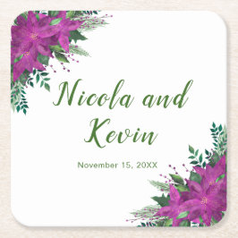 Porta-copo De Papel Quadrado Casamento de Flores de Poinsettia Roxo de Natal