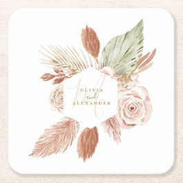 Porta-copo De Papel Quadrado Casamento de Flores Secas Tropicais Boho Pampas