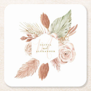 Porta-copo De Papel Quadrado Casamento de Flores Secas Tropicais Boho Pampas