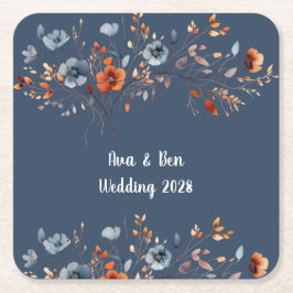 Porta-copo De Papel Quadrado Casamento de Flores Selvagens Azuis e Laranja