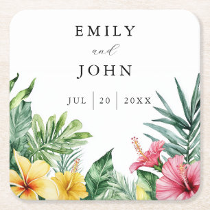 Porta-copo De Papel Quadrado Casamento de Flores Tropicais em Aquarela Elegante