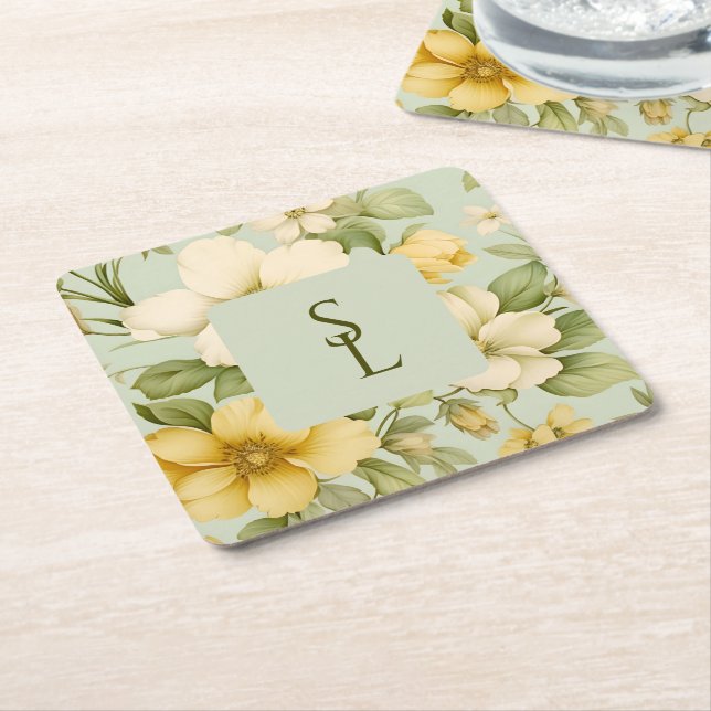 Porta-copo De Papel Quadrado Casamento de flores verdes e beges macios (Inclinado)