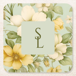 Porta-copo De Papel Quadrado Casamento de flores verdes e beges macios