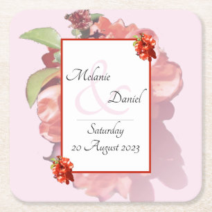 Porta-copo De Papel Quadrado Casamento de Flores Vermelhas e Rosa