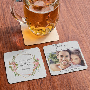 Porta-copo De Papel Quadrado Casamento de Foto Floral de Quadro Dourado Moderno