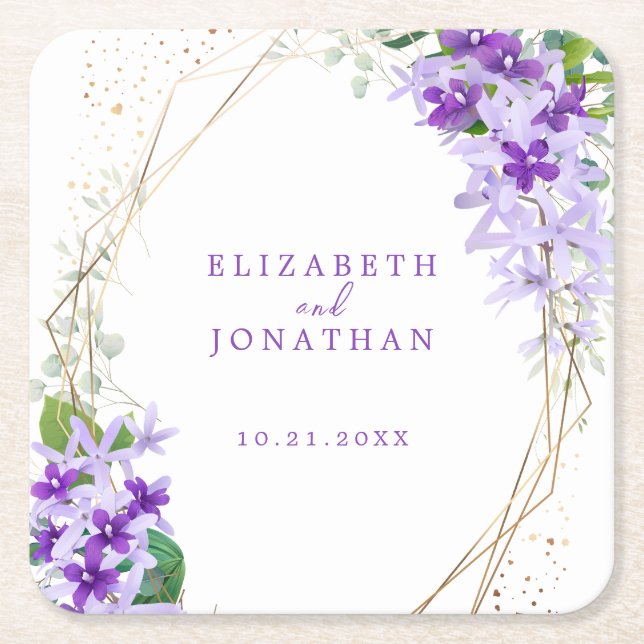 Porta-copo De Papel Quadrado Casamento de Frame Dourado Floral Roxo Elegante (Frente)