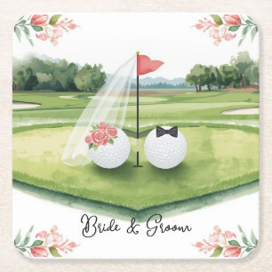 Porta-copo De Papel Quadrado Casamento de Golfe com noiva e noivo bola no verde