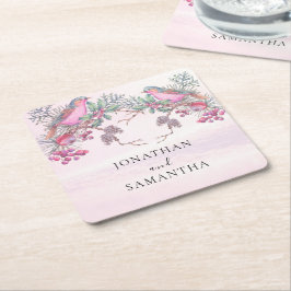 Porta-copo De Papel Quadrado Casamento de Inverno com Aquarela de Pinhas, Pássa