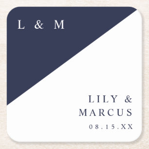 Porta-copo De Papel Quadrado Casamento de Monograma Branco Azul Marinho Minimal