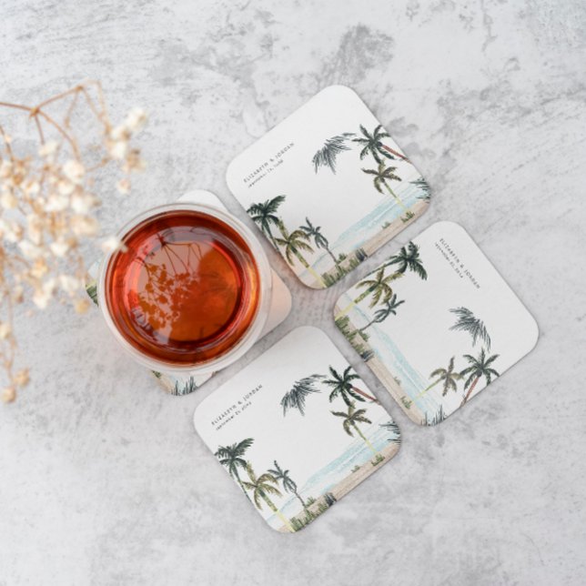 Porta-copo De Papel Quadrado Casamento de Monograma da Areia de Palmeiras Tropi (Criador carregado)