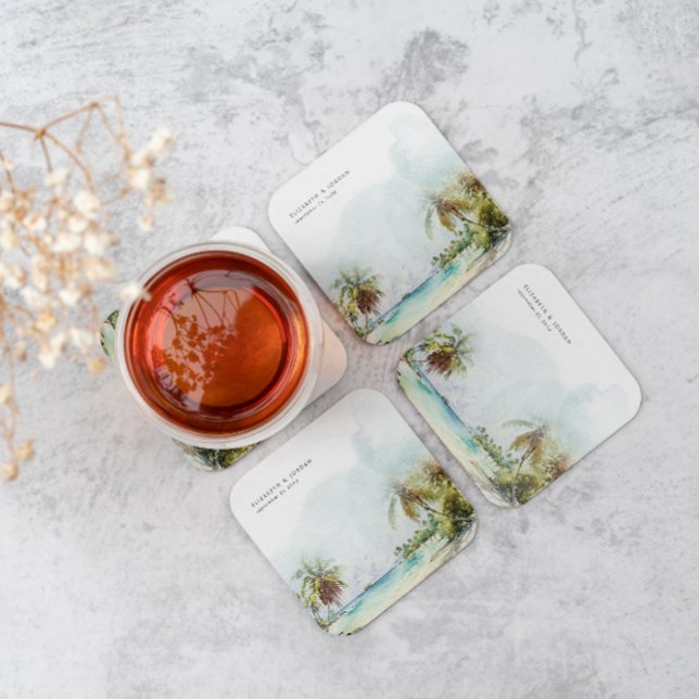 Porta-copo De Papel Quadrado Casamento de Monograma da Areia de Palmeiras Tropi (Criador carregado)