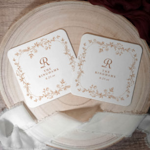 Porta-copo De Papel Quadrado Casamento de Monograma de Laranja Terracota Floral