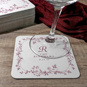 Porta-copo De Papel Quadrado Casamento de Monograma de Vinho Escuro Floral Fran