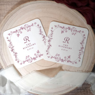 Porta-copo De Papel Quadrado Casamento de Monograma de Vinho Escuro Floral Fran