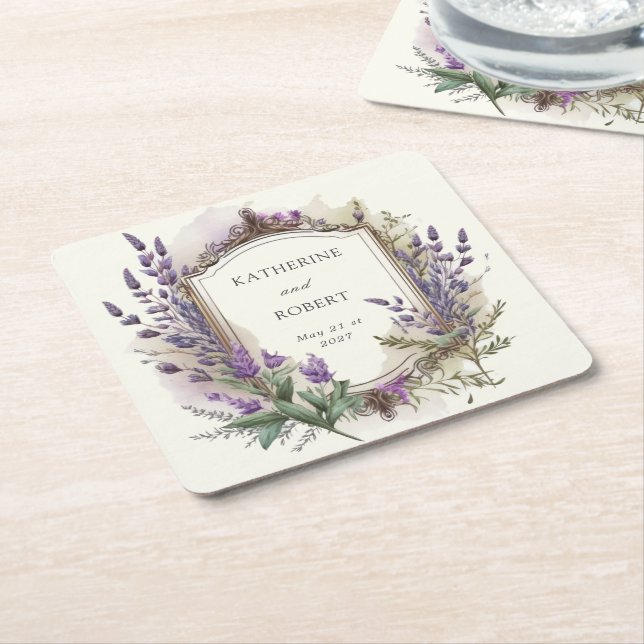 Porta-copo De Papel Quadrado Casamento de Monograma Regal de Lavanda de Aquarel (Inclinado)