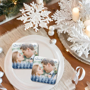 Porta-copo De Papel Quadrado Casamento de Natal com pinheiro Blue Winter Wonder