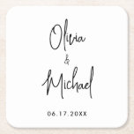 Porta-copo De Papel Quadrado Casamento de Nomes de Casais de Script Minimalista<br><div class="desc">Casamento de Nomes de Casais de Script Minimalista Moderno</div>