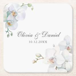 Porta-copo De Papel Quadrado Casamento de Orquídea Branca Moderna e Elegante