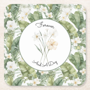 Porta-copo De Papel Quadrado Casamento de Orquídeas Brancas Folhas Verdes Tropi