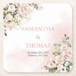 Porta-copo De Papel Quadrado Casamento de ouro com rosas de Blush de eucalipto<br><div class="desc">Prepare-se para elevar sua celebração de casamento com essas Portas copos de papel redondo Eucalyptus Douradas, Rosas de Blush Watercolor! Perfeito para adicionar um toque de elegância e de relinchamento ao seu dia especial, essas portas copos apresentam intrincadas rosas de pincel de aquarela e folhas vibrantes de eucalipto com um...</div>