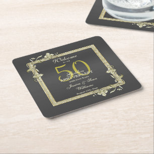 Porta-copo De Papel Quadrado Casamento de Ouros Dourado Gem & Glitter 50th