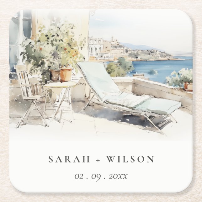 Porta-copo De Papel Quadrado Casamento de Paisagem de Grécia Curfu (Frente)