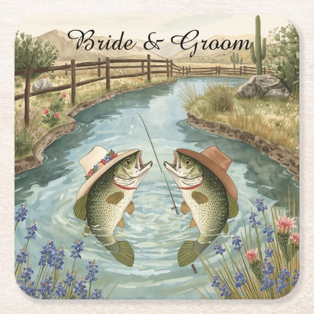 Porta-copo De Papel Quadrado Casamento de Pesca no Texas (Frente)