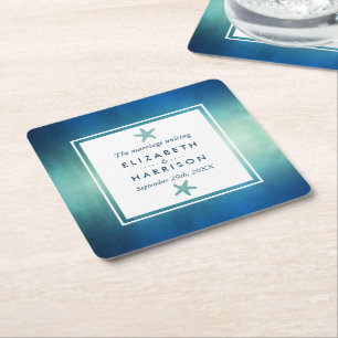 Porta-copo De Papel Quadrado Casamento de Praia do Oceano Estelar com Aquarela