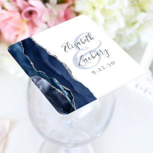 Porta-copo De Papel Quadrado Casamento de Prata Azul com Marinho de Script Geod