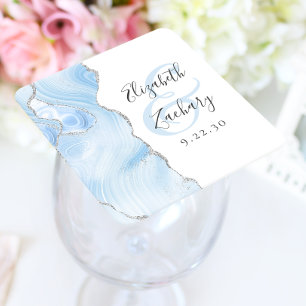 Porta-copo De Papel Quadrado Casamento de Prata Azul com Script Agate