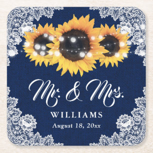 Porta-copo De Papel Quadrado Casamento de renda floral de juta azul marinho e g