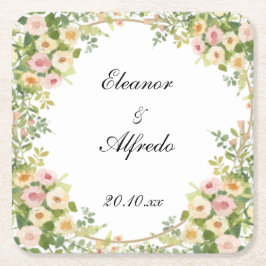 Porta-copo De Papel Quadrado Casamento de Rosa em Aquarela