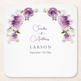 Porta-copo De Papel Quadrado Casamento de Rosas e Peônias Fuchsia em Aquarela