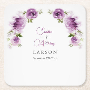 Porta-copo De Papel Quadrado Casamento de Rosas e Peônias Fuchsia em Aquarela