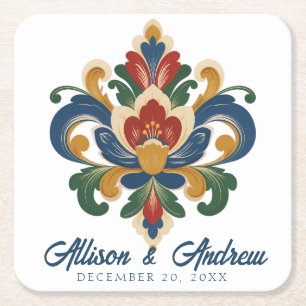 Porta-copo De Papel Quadrado Casamento de Rosemaling Norueguesa