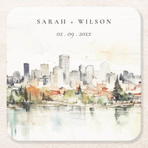 Porta-copo De Papel Quadrado Casamento de Skyline Watercolor em Portland Oregon